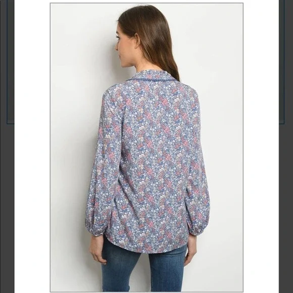 BLUE Floral Lace Collar Top Small - Picture 2 of 4